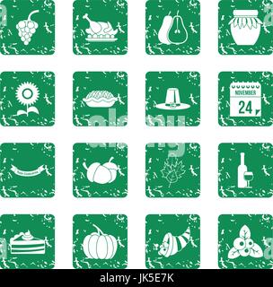 Thanksgiving icons set dans un style grunge vert isolés vector illustration Illustration de Vecteur