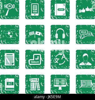 L'apprentissage des langues étrangères icons set dans un style grunge vert isolés vector illustration Illustration de Vecteur