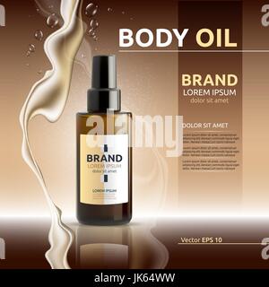Body Oil cosmetic ads modèle. Les lotions de corps hydratant. Une maquette 3D illustration réaliste. Gouttes de liquide Illustration de Vecteur