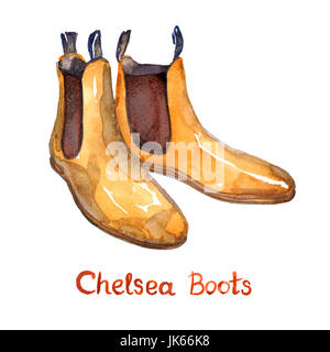 Chelsea boots en cuir brun, isolé avec l'inscription, peinte à l'aquarelle illustration Banque D'Images