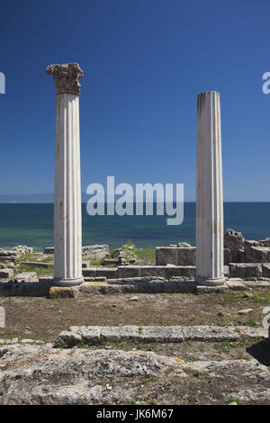 Italie, Sardaigne, Oristano, Région de la péninsule de Sinis, Tharros, ruines de l'ancienne ville phénicienne, colonnes romaines Banque D'Images