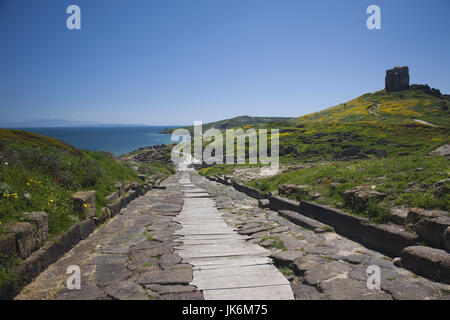 Italie, Sardaigne, Oristano, Région de la péninsule de Sinis, Tharros, ruines de l'ancienne ville phénicienne, Cardus Maximus road Banque D'Images