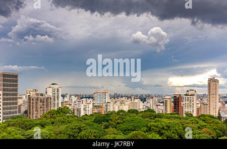 Voir des bâtiments, et le Parthénon skyline park à Sao Paulo à partir de l'Avenida Paulista sur une journée avec beaucoup de nuages Banque D'Images