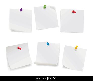 Vector illustration réaliste, ensemble de documents note blanc avec des couleurs de punaises, isolated on white Illustration de Vecteur