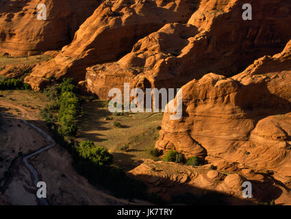 Canyon de Chelly, Arizona : voir W de White House donnent sur le Rio de Chelly & un hogan Navajo (multi-verso log house) dans le fond du canyon de grès. Banque D'Images