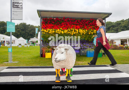 Les gens, les animaux, fleurs et plantes poussant dans le jardin décoré d'abribus, arrêt de bus, en attente d'hébergement, adaptés pour les aménagements floraux ; le Boulevard de la RHS Flower Show, Tatton Park, Knutsford, Cheshire, Royaume-Uni Banque D'Images