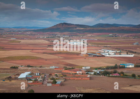 L'Espagne, Castilla-La Mancha Région, province de Tolède, La Mancha Région, Consuegra, elevated view de champs de ferme, automne, Dawn Banque D'Images