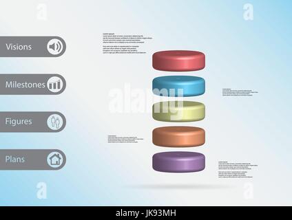 3D illustration infographie template avec motif du cylindre divisé horizontalement à cinq tranches couleur avec simple signe et un exemple de texte sur le côté dans les bars Illustration de Vecteur