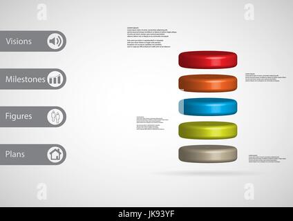 3D illustration infographie template avec motif du cylindre divisé horizontalement à cinq tranches couleur avec simple signe et un exemple de texte sur le côté dans les bars Illustration de Vecteur