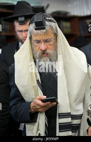 Un homme juif religieux récitant ses prières à partir d'un téléphone au lieu d'un livre de prières. Dans la région de Cambria Heights, dans le Queens, New York. Banque D'Images