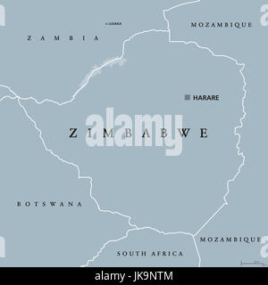 Carte politique du Zimbabwe avec capitale Harare, les frontières internationales et des voisins. République et pays sans littoral en Afrique du Sud. Banque D'Images