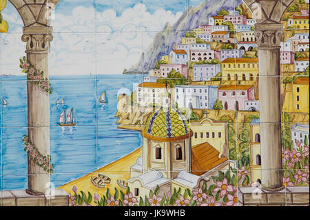 Italien, Kampanien, Amalfiküste, Positano, Kachelbild, Stadtansicht, Süditalien, Reiseziel, Kunst, Kultur, kunstvoll, Malerei, Keramik, Kacheln, Fliesen, Fliesenbild, Bild, Kirche, Kuppel, Wahrzeichen, Meer, Mittelmeer, Stadt, Boote, Banque D'Images