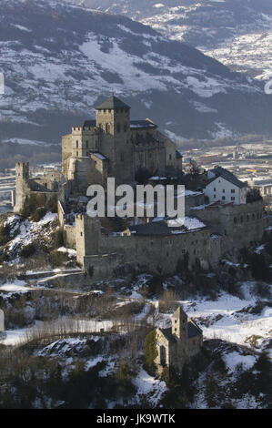 Schweiz, canton Valais, Rhonetal, Sion, Sommaire, Fels Valère, Kirche, Notre-Dame-de-Valère, hiver, Valais, Sion, Stadt, Valere-Fels, Burghügel, Bauwerk historisch, Sakralbau, Wallfahrtskirche, Valeria Kirchenburg, Notre-Dame-de-Valère, Sehenswürdigkeit, Wahrzeichen, Schnee, winterlich, Landschaft, Berge, Jahreszeit, Banque D'Images