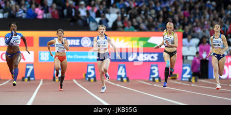 (Gauche-droite) Kadeena la Grande-Bretagne Cox, Anna, Grande Bretagne Trener-Wierciak's Sophie Hahn, Allemagne's Lindy ave la Grande-Bretagne et Olivia dans le Breen du 100 m femmes T38 au cours de la neuvième Journée mondiale 2017 Para Championnats mondiaux d'athlétisme à Londres Stadium. Banque D'Images