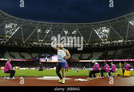 La société britannique Aled Davies célèbre en tant qu'il est en compétition dans l'épreuve du lancer du poids F42 lors de la neuvième Journée mondiale 2017 Para Championnats mondiaux d'athlétisme à Londres Stadium. Banque D'Images