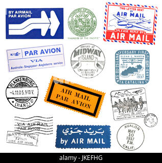 Vintage timbres et étiquettes de par avion de partout dans le monde Banque D'Images