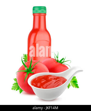 Bouteille de ketchup de tomate et tomates fraîches isolées sur fond blanc Banque D'Images