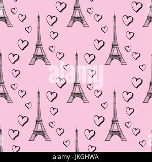 Tour Eiffel avec motif transparent coeurs.dessin à la main . Motif transparent peut être utilisé pour le papier peint, trames, page web, texte de surface Illustration de Vecteur