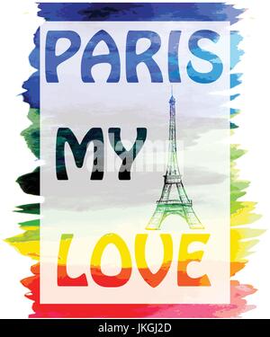 Vector- Paris mon amour. Les mots colorés sur un fond d'aquarelle avec tour Eiffel. Illustration de Vecteur