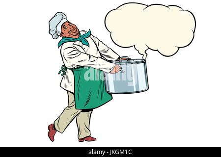 Chef holding africaine un pot chaud, nuage de vapeur Illustration de Vecteur