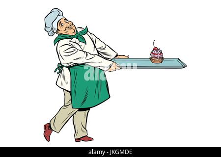 Chef cuisinier apporte un plateau de dessert cupcake Illustration de Vecteur