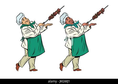 African and Caucasian chef avec un shish kebab Illustration de Vecteur