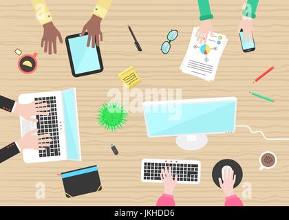 Concept de travail en équipe avec les mains et les objets sur la table en bois Illustration de Vecteur