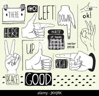Illustrations vectorielles de silhouettes jeu de mains montrant différents gestes. Mains dessiné. Illustration de Vecteur