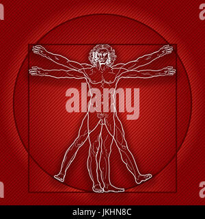 "HOMO VITRUVIANO". L'homme de Vitruve / Leonardo's man. Dessin détaillé sur base des chef-d'oeuvre de Léonard de Vinci. (Version en velours rouge). Banque D'Images