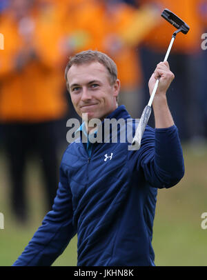 USA's Jordan Spieth célèbre remportant le championnat ouvert 2017 au Royal Birkdale Golf Club, Southport. Banque D'Images