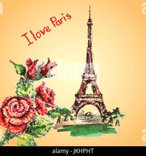 La Tour Eiffel,rose,lettrage cœurs dessinés à la main, décor à l'aquarelle. Illustration de Vecteur