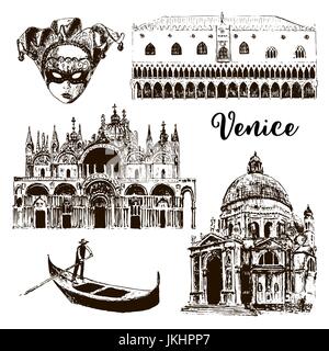 Symboles architecturaux de Venise : Carnival mask, palazzo, basilique San Marco, gondole, etc. dessiné vector illustration croquis Illustration de Vecteur