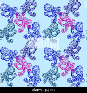 Le poulpe, le pattern design transparente, hand drawn doodle, sketch dans un style pop art, illustration couleur, bleu et violet sur fond bleu doux Banque D'Images