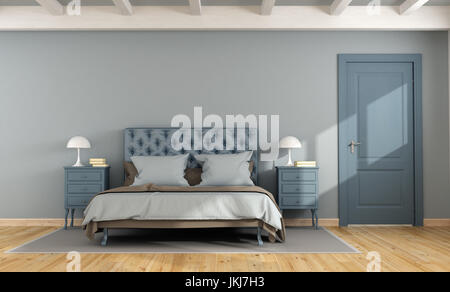Maître bleu chambre avec lit double, table de nuit et porte fermée - le rendu 3D Banque D'Images