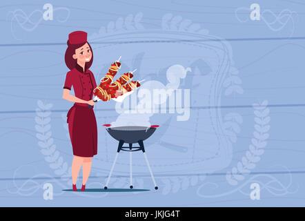 Femme Chef cuisinier en chef Holding Cartoon Kebab Restaurant uniforme sur fond texturé en bois Illustration de Vecteur