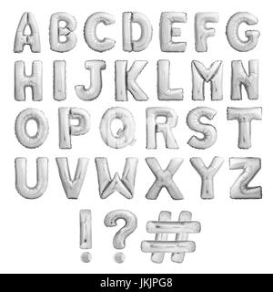 Alphabet complet d'un point d'exclamation, le point d'interrogation et de ballons gonflables d'argent hashtag isolated on white Banque D'Images