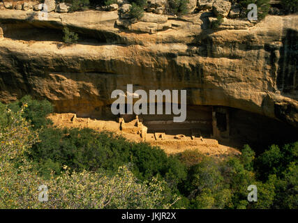 Temple du feu d'habitation Anasazi cliff, Mesa Verde, Colorado : voir NE de SW loop de ruines sur la route Chapin Mesa. C 13 structures en blocs de grès Banque D'Images