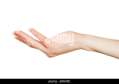 Belle femme hand holding ou de montrer quelque chose. Isolé sur blanc, chemin de détourage inclus Banque D'Images