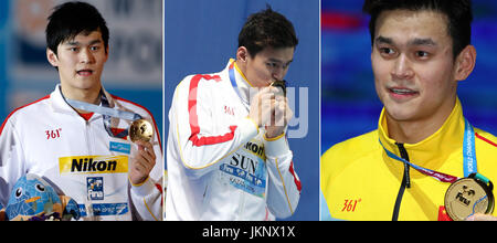 (170724) -- BEIJING, 24 juillet 2017 (Xinhua) -- photos de fichier (de G à D) Show China's Sun Yang réagit à la cérémonie pour le 400m nage libre de nager à la 15e Championnats du Monde de Natation FINA à Barcelone, Espagne, le 28 juillet 2015, la 16e Championnats du Monde de Natation FINA à Kazan, Russie le 2 août 2015 et le 17e aux Championnats du Monde de Natation FINA à Budapest, Hongrie le 23 juillet, 2017. Ace natation chinois Yang Sun a remporté son troisième titre consécutif en 400m nage libre à Budapest le dimanche. (Xinhua/Wang Lili, Meng Yongmin, Gong Bing)(WLL) Banque D'Images