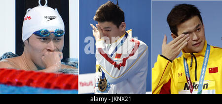 (170724) -- BEIJING, 24 juillet 2017 (Xinhua) -- photos de fichier (de G à D) Show China's Sun Yang réagit après avoir remporté le 400m nage libre Hommes finale de natation au 15e Championnats du Monde de Natation FINA à Barcelone, Espagne, le 28 juillet 2015, la 16e Championnats du Monde de Natation FINA à Kazan, Russie le 2 août 2015 et le 17e aux Championnats du Monde de Natation FINA à Budapest, Hongrie le 23 juillet, 2017. Ace natation chinois Yang Sun a remporté son troisième titre consécutif en 400m nage libre à Budapest le dimanche. (Xinhua/Guo Yong, Dai Tianfang, Ding Xu)(WLL) Banque D'Images