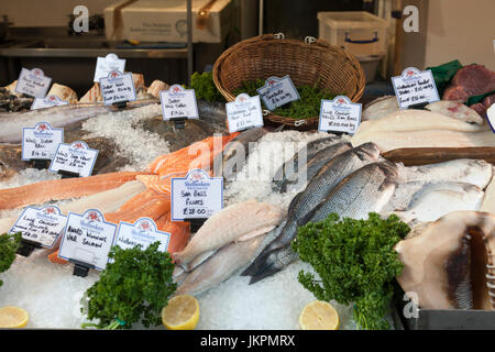 Sélection de poissons l'Shellseekers en décrochage Borough Market, l'historique et célèbre marché alimentaire à Southwark, Londres, Angleterre, Royaume-Uni. Banque D'Images