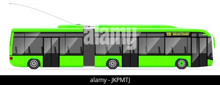 Grand trolleybus articulés. jaune avec un design moderne. Vue de côté. Des fenêtres transparentes. Réseau de Contact et route. Illustration de Vecteur