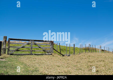 Porte en bois ancien et de clôture dans un champ dans les régions rurales de la Nouvelle Zélande, NZ avec ciel bleu et copy space Banque D'Images