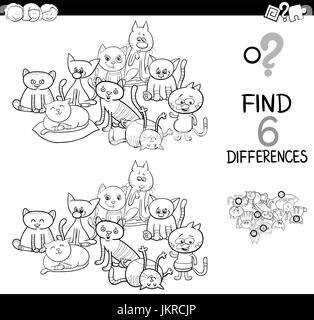 Cartoon noir et blanc Illustration de repérer les différences jeu éducatif pour Enfants avec animaux chat Groupe Caractères Coloriage Illustration de Vecteur