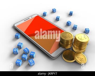 Illustration 3d de téléphone blanc sur fond blanc avec des cubes et des pièces en binaire Banque D'Images