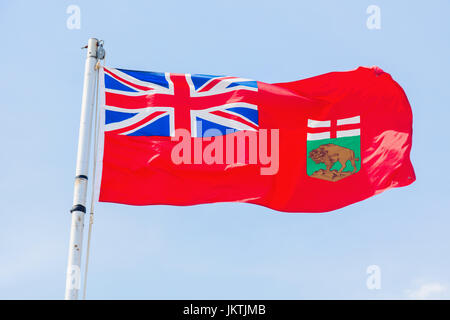 Drapeau du Manitoba contre le ciel bleu. Winnipeg, Manitoba, Canada. Banque D'Images