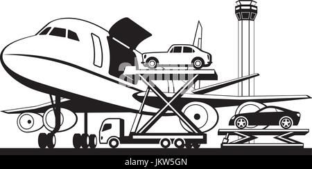 Le chargement des voitures en avion cargo - vector illustration Illustration de Vecteur