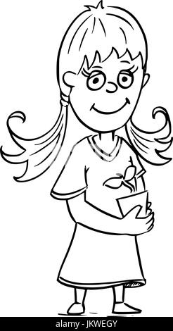 Dessin à la main cartoon illustration de petite fille jardinier holding pot de fleurs pot de fleurs avec plante. Illustration de Vecteur