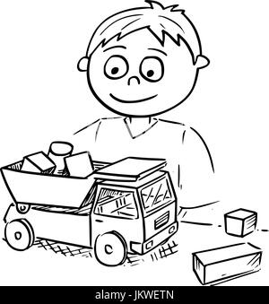 Dessin à la main vector cartoon d'une boy playing with toy voiture camion jouet en bois et de blocs de construction. Illustration de Vecteur