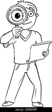 Caricature dessin à la main vector illustration of boy holding hand loupe et feuille de papier. Illustration de Vecteur
